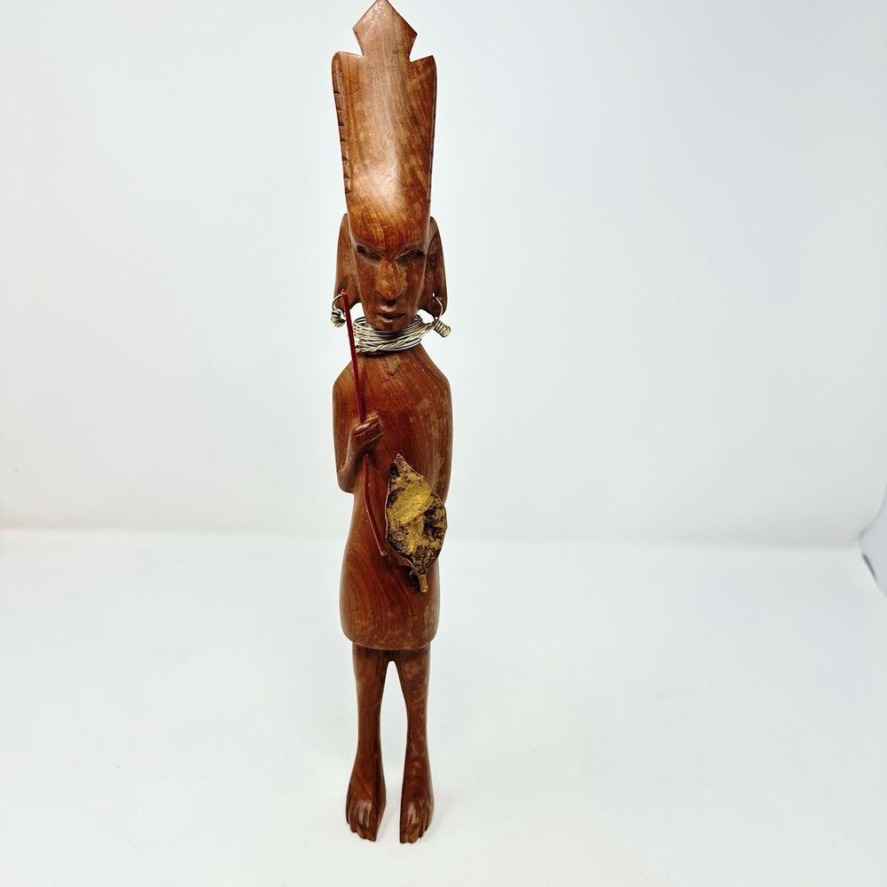 Vintage African Hand Carved Wooden Statue Kenya Tribal Figure Wire Neck Warrior